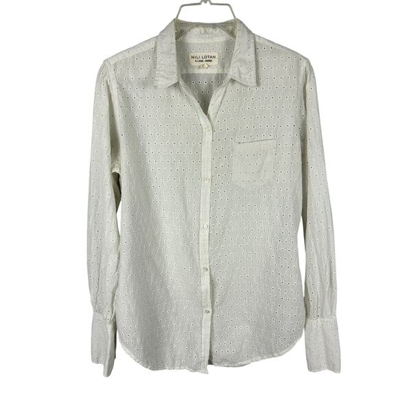 Nili Lotan White Floral Eyelet Lace Collared Button Down Shirt M - Picture 1 of 6
